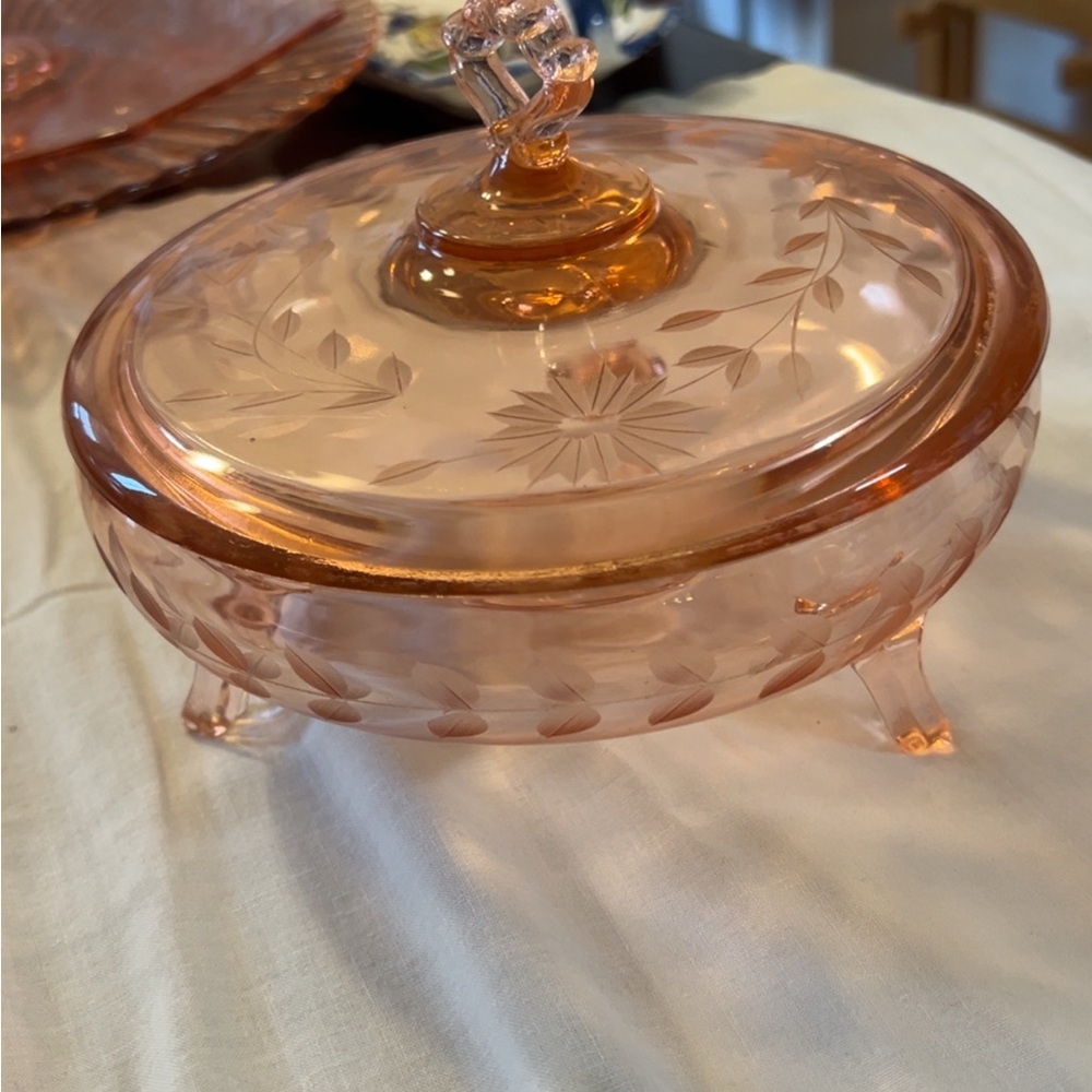 Scarce Pink Lacaster JUBILEE 3-toed covered candy dish-Vintag